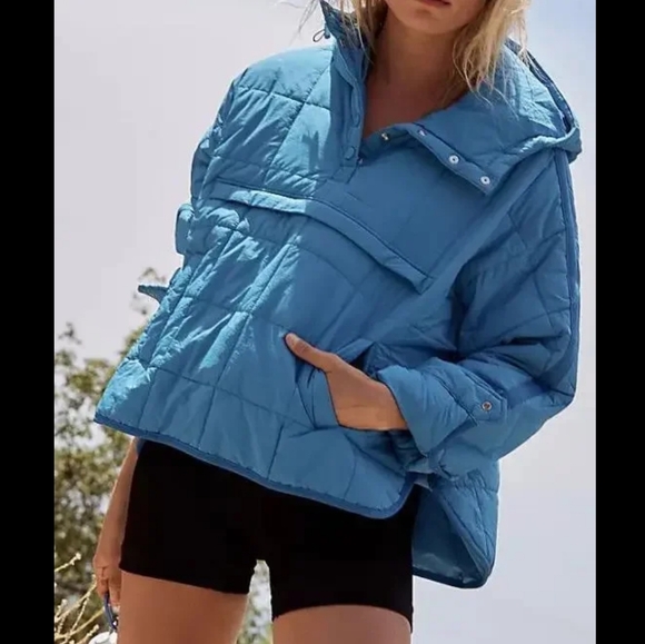 Autumn Women Parka Coat Blue Solid Long Sleeve Hooded Pocket Jacket - Picture 3 of 4